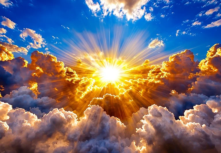 A dramatic sunburst erupts from behind golden-edged clouds, casting