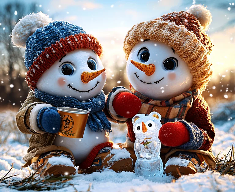 Two adorable snowmen are sitting in the snow, dressed in winter