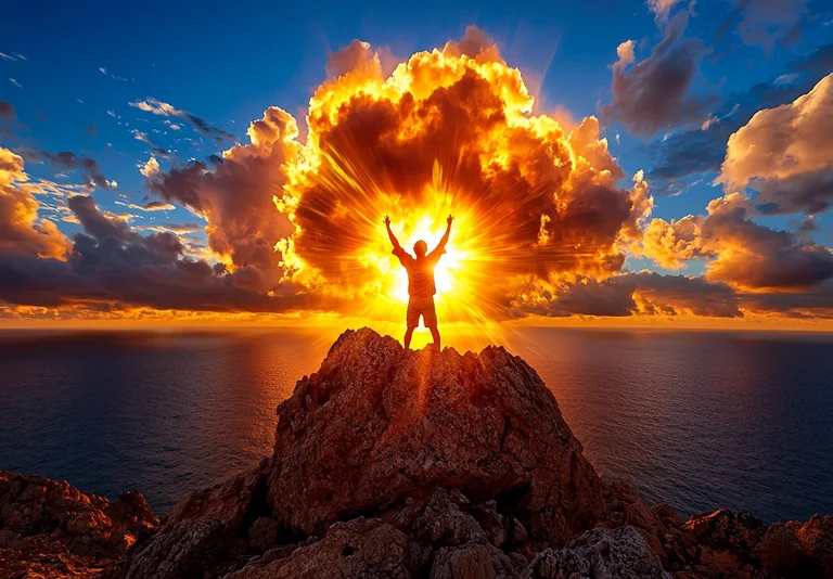 A silhouetted figure stands with arms raised in triumph atop a rocky