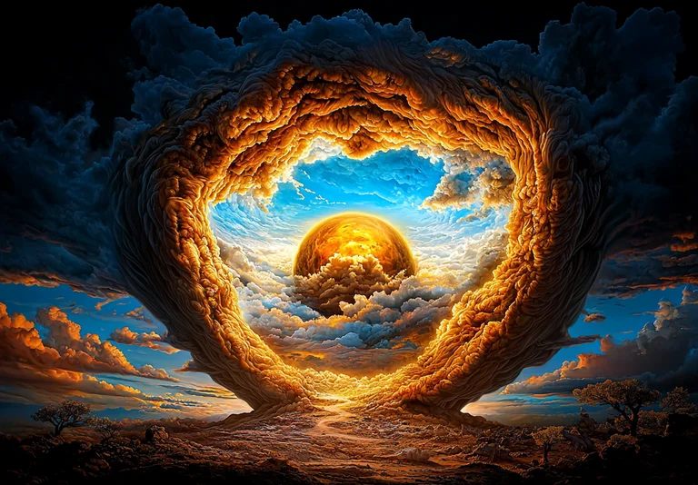 A surreal landscape features a massive, swirling vortex of clouds and
