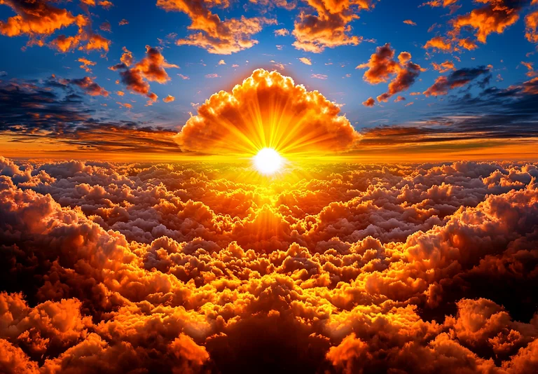 A dramatic sunset or sunrise illuminates a sea of clouds with vibrant