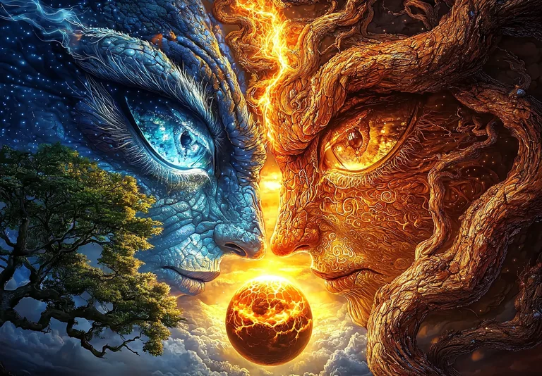A majestic blue dragon and a fiery, tree-like entity face each other