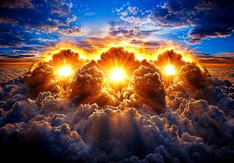 Three suns blaze intensely through dramatic, fiery clouds, casting