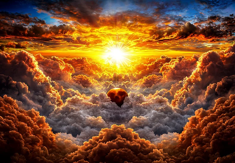 A dramatic sunset or sunrise illuminates a sea of clouds, with a