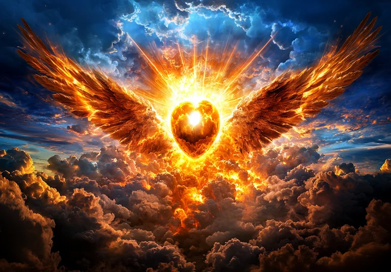 A radiant heart-shaped sun with fiery wings emerges from a dramatic