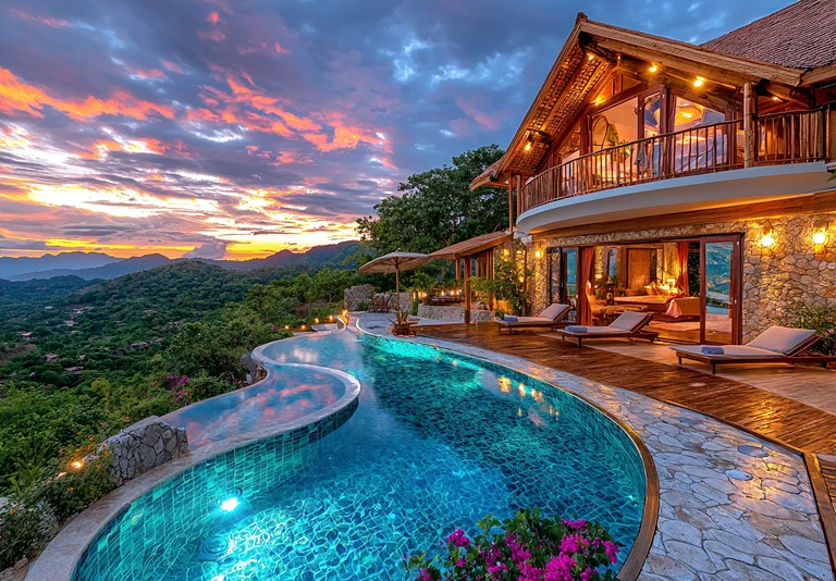 A luxurious villa with an infinity pool overlooks a lush green valley