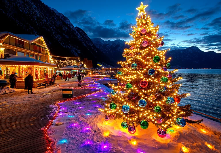 A beautifully decorated Christmas tree stands in the foreground,