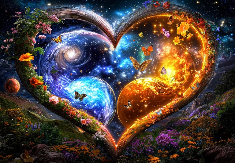 A surreal heart-shaped portal opens to reveal two distinct cosmic