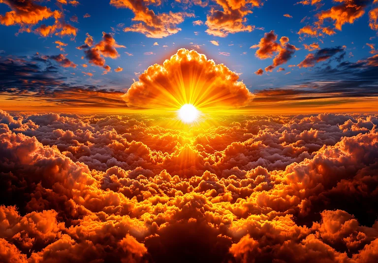 A dramatic sunset or sunrise illuminates a vast expanse of clouds