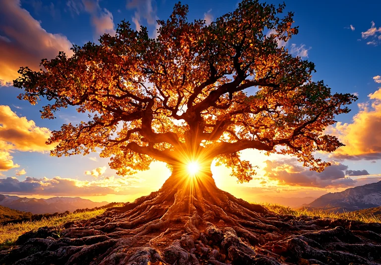 A majestic, ancient tree with sprawling roots dominates the