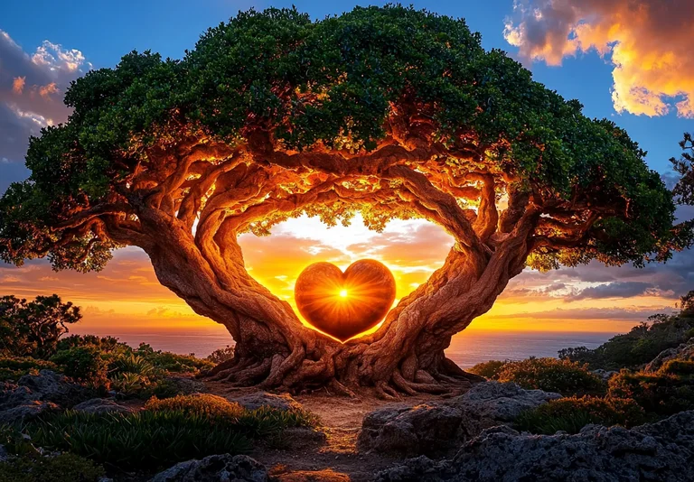 A majestic, ancient tree with gnarled branches forms a heart shape,
