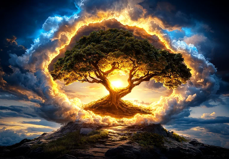A majestic, ancient tree stands atop a rocky hill, bathed in the