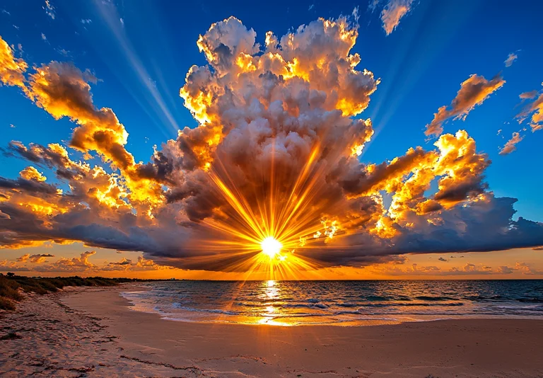 A dramatic sunset over a tranquil beach