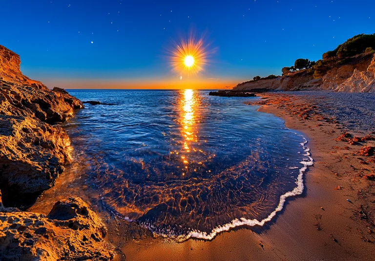 A breathtaking view of a rocky coastline meets the ocean at sunset