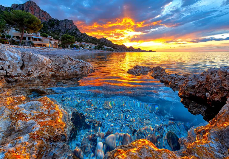 A breathtaking sunset over a coastal village nestled against rugged