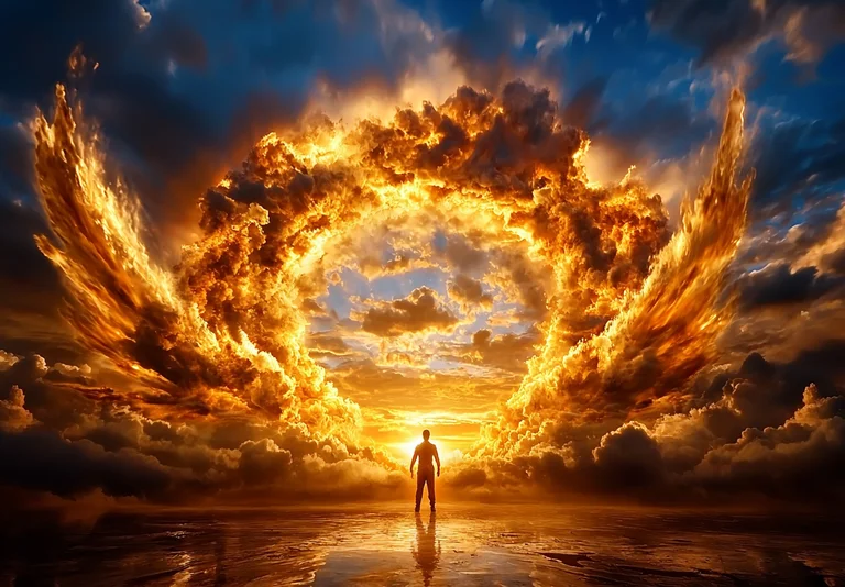 A lone figure stands silhouetted against a dramatic sky filled with