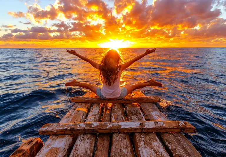 A young woman with long, curly hair sits on a wooden pier extending