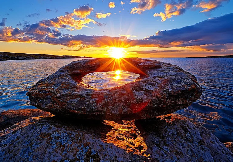 A dramatic sunset over a calm body of water, viewed through a natural