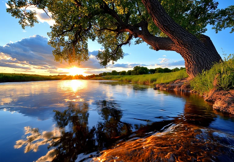 A serene river flows gently towards the horizon under a vibrant