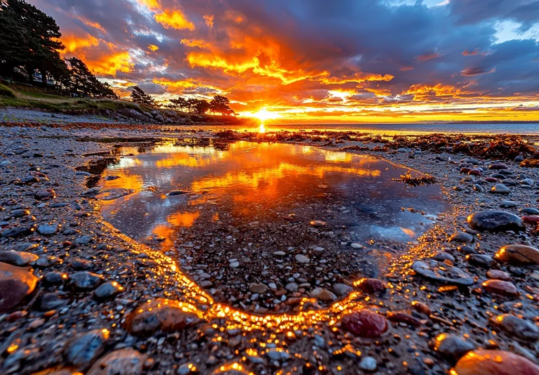 A dramatic sunset paints the sky with vibrant oranges and yellows,