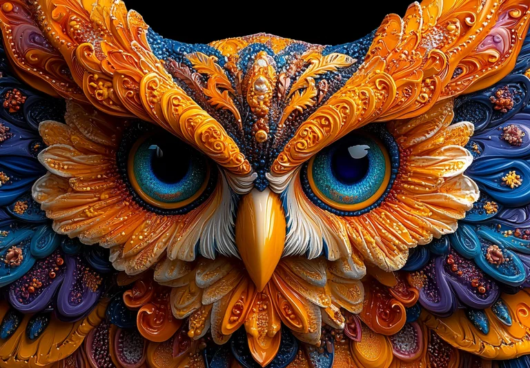 A highly detailed, ornate owl's face is presented in a close-up,