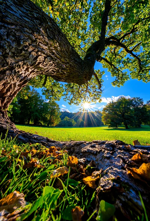 A low-angle shot captures the gnarled trunk and branches of a large