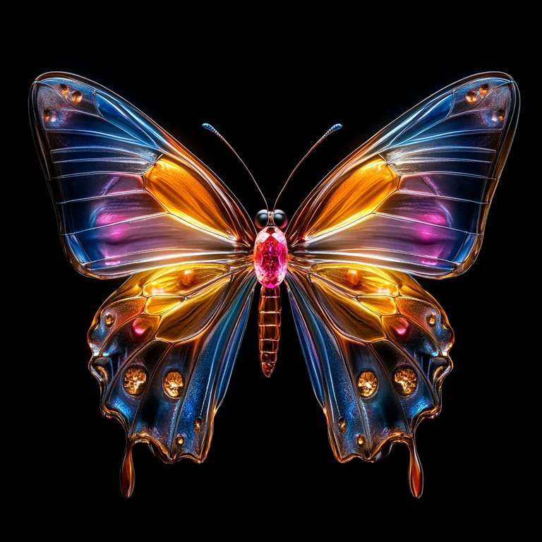 A stunningly rendered butterfly with wings made of iridescent glass