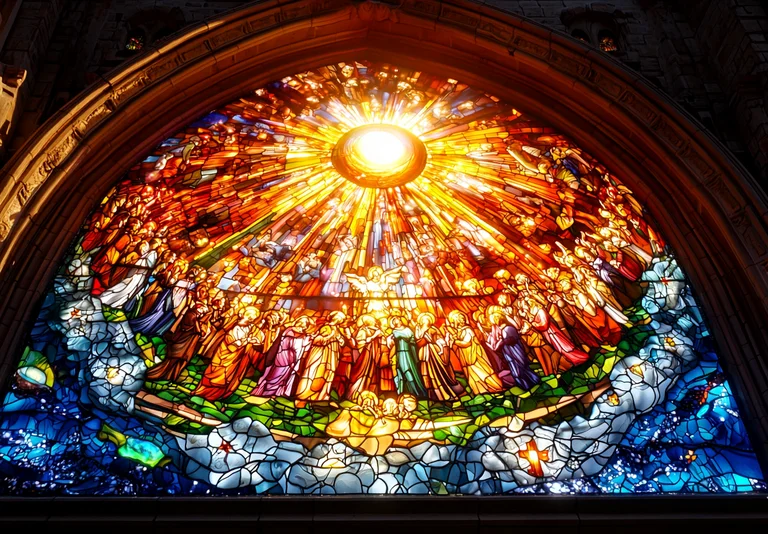 A magnificent stained glass window depicts a scene of ascension or
