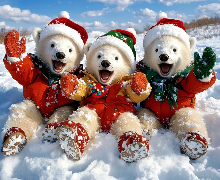 Three adorable polar bear cubs are dressed in festive Christmas