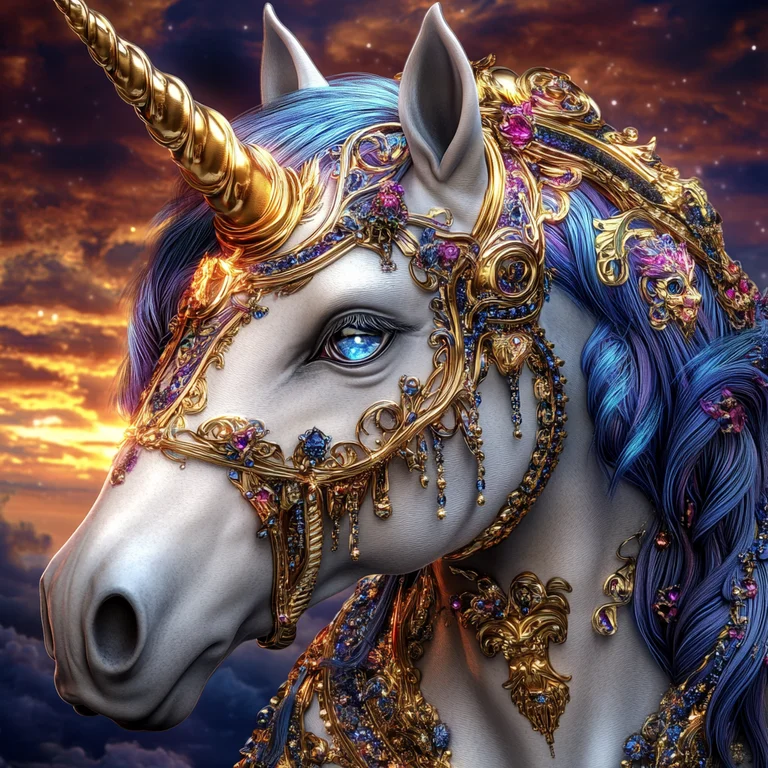 A majestic white unicorn adorned with intricate golden armor and