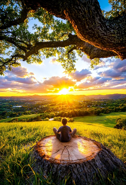 A young boy sits in a meditative pose on a large tree stump,