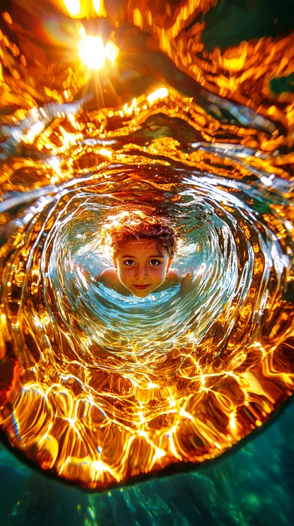An underwater shot captures a young child swimming towards the camera