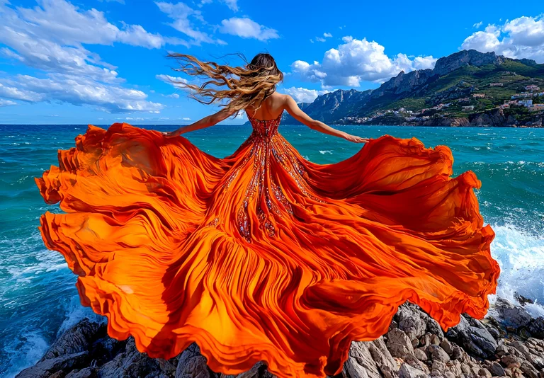 A woman stands on a rocky shore, her back to the viewer, with her