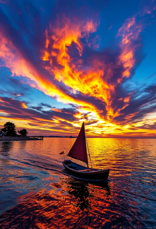 A lone sailboat with a red sail navigates calm waters during a