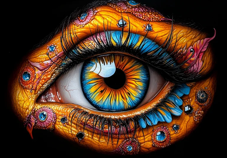 A highly detailed, close-up view of a stylized human eye