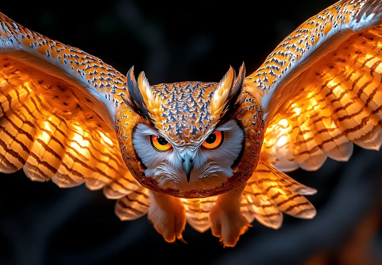 A majestic owl with fiery orange and white plumage is captured