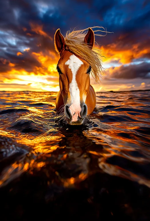 A majestic horse stands in the water, its head and neck emerging from