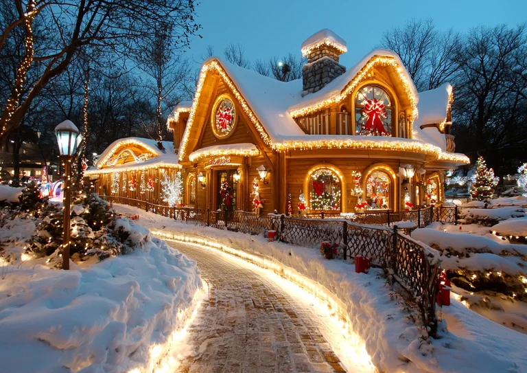 A charming wooden building, possibly Santa's workshop or a festive