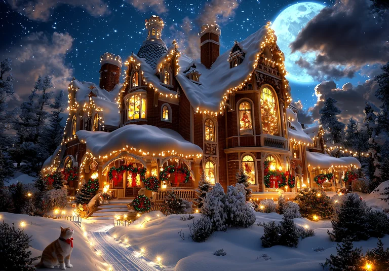 A majestic, snow-covered mansion is adorned with festive Christmas