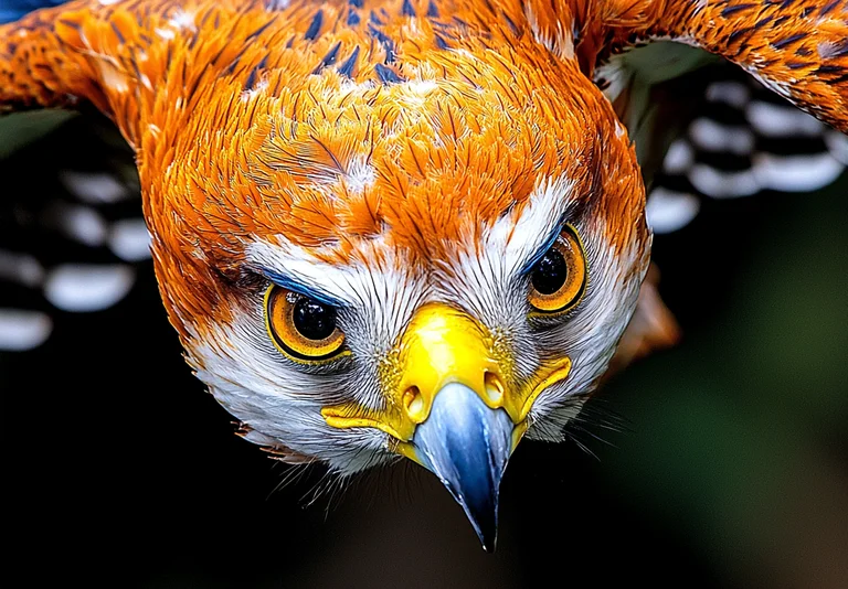 A close-up, head-on shot of a majestic eagle with striking orange and