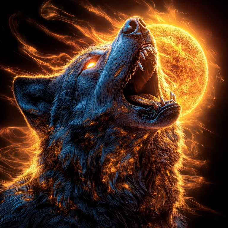 A majestic wolf howls at a fiery sun or moon