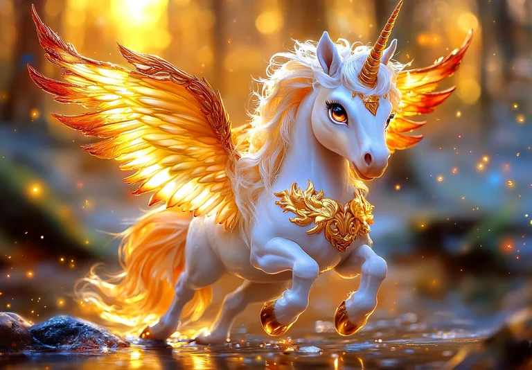 A majestic winged unicorn with golden wings and ornate golden armor