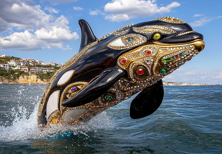 An orca whale, encrusted with elaborate gold filigree and colorful