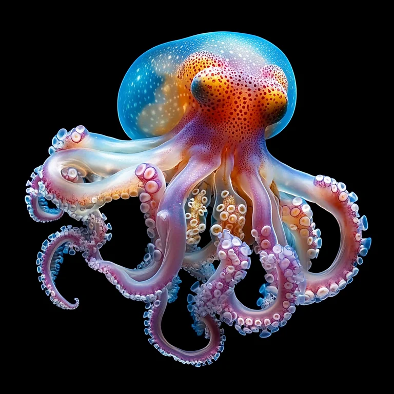 A vibrant, bioluminescent octopus floats in the darkness