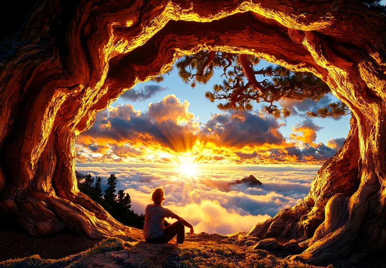A lone figure sits on a rocky outcrop, silhouetted against a