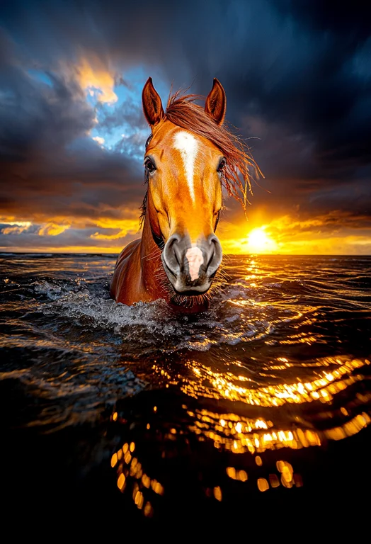 A majestic brown horse emerges from the ocean during a dramatic sunset