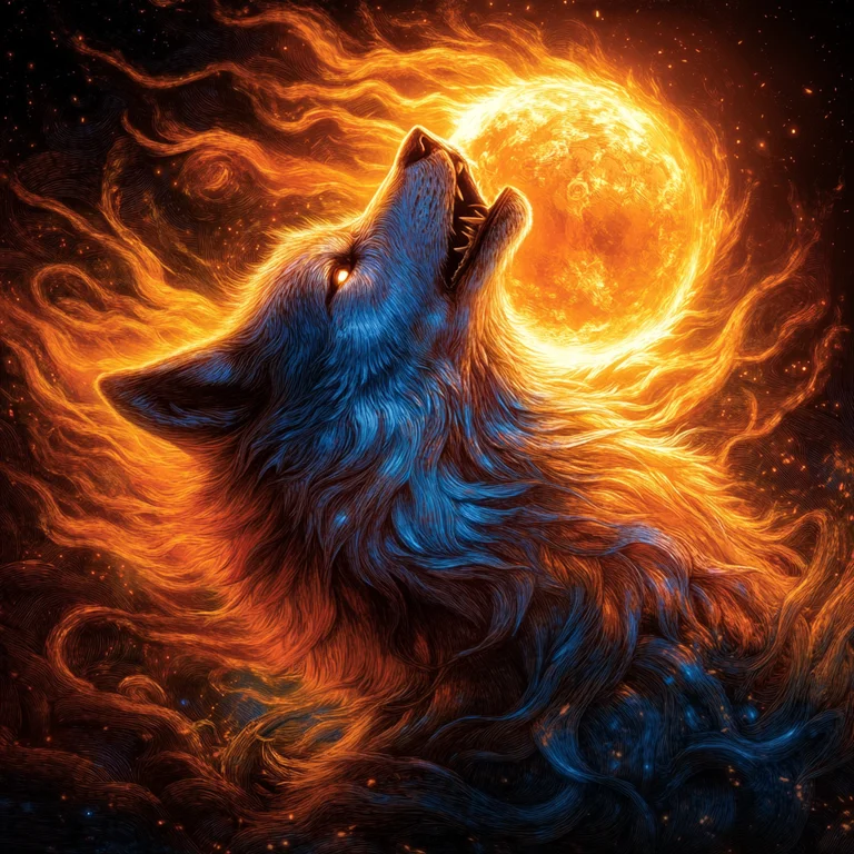 A majestic wolf howls at a fiery, glowing moon