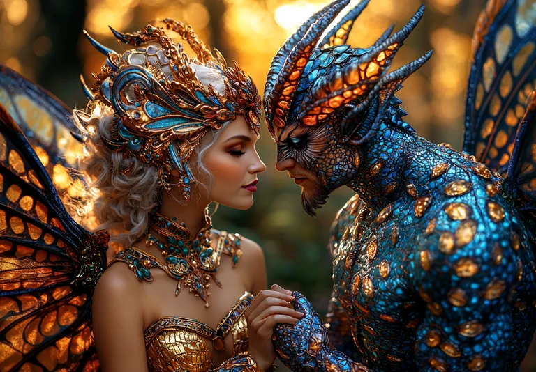 A stunningly detailed portrait of a male dragon-like creature and a