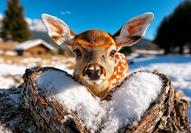 A young deer with large ears peeks out from behind a snow-covered log