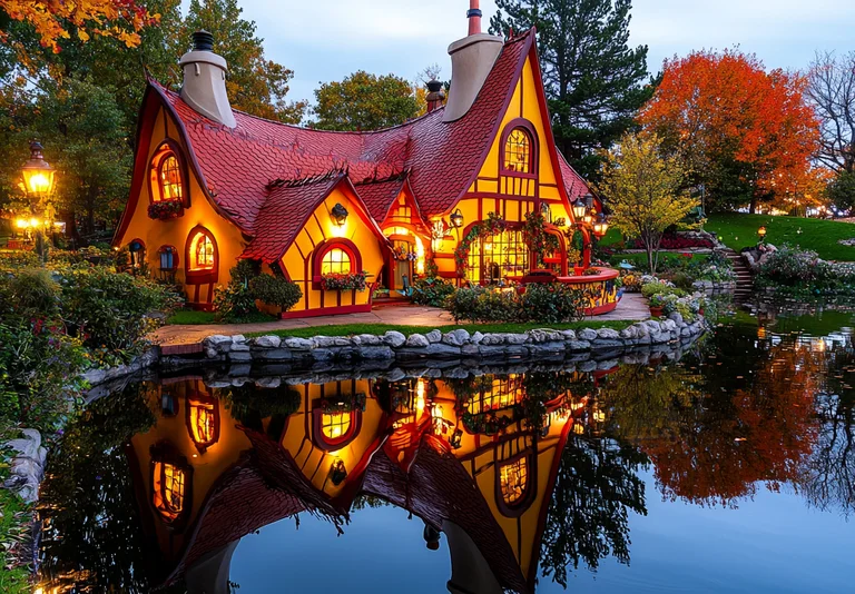 A whimsical, storybook-style cottage with a bright yellow exterior